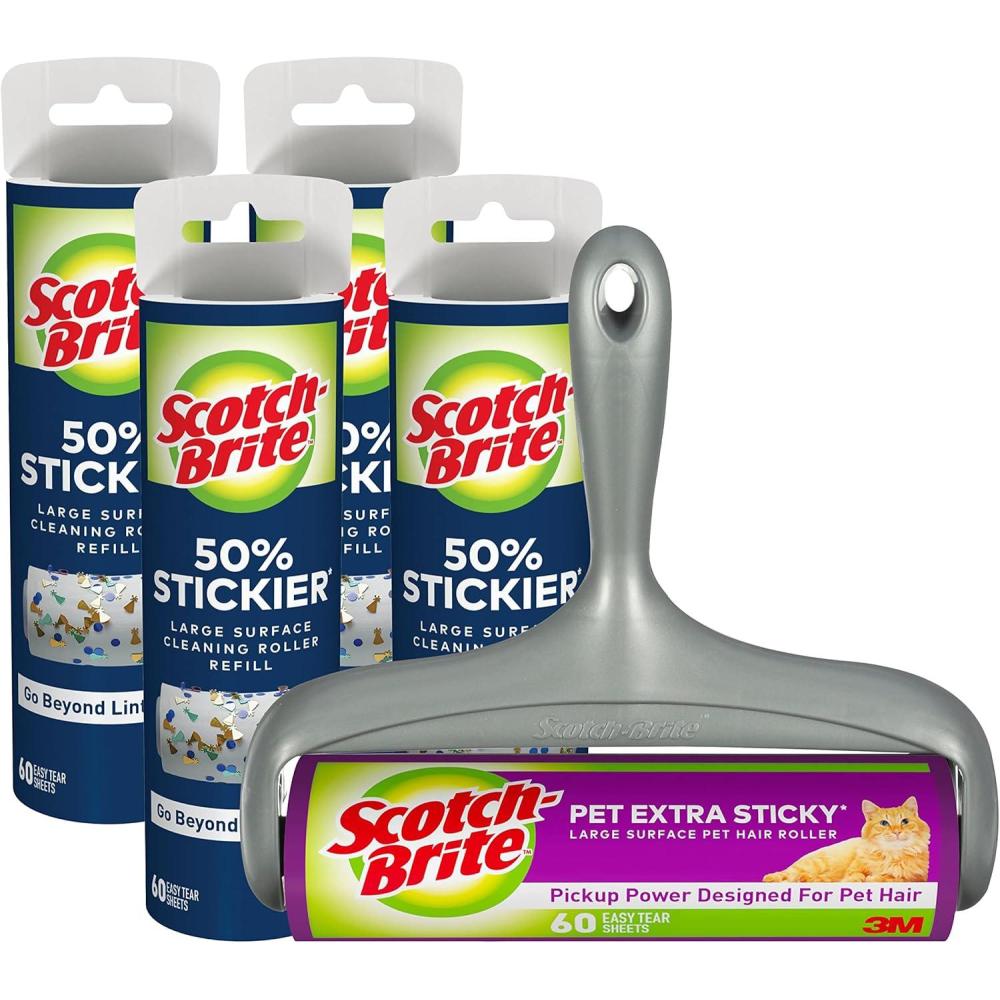 image:imageScotchBrite Pet Extra Sticky Large Surface Roller Designed for Pet Hair 60 Sheets ScotchBrite 50 Stickier Large Surface Roller Refill 60 Sheets Pack of 4 240 Sheets Total