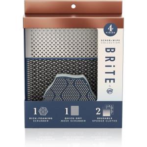 Brite by Scotch-Brite Limited Edition 4-Piece Scrub and Wipe Collection with 1 Rich-Foaming Dish Scrubber, 1 Quick-Dry Mesh Scrubber, and 2 Reusable Sponge Cloths(4 Count (Pack of 1))