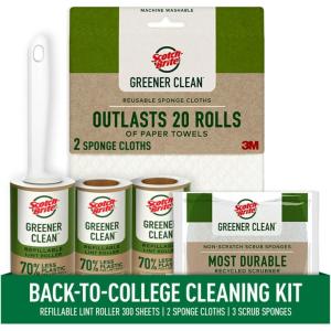 Scotch-Brite Greener Clean Lint Roller, Reusable Lint Rollers for Clothes, Furniture, and Pet Hair, Tidy Up Fabrics with a More Sustainable Fuzz Remover, 1 Roller, 2 Refills(College Cleaning Bundle)