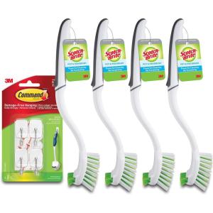 Scotch-Brite Pot Pan & Dish Brush (4 Count) + Command Small Wire Hooks, White (4 Hooks, 5 Strips)