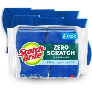 Scotch-Brite Zero Scratch Scrub Sponges, 6 Kitchen Sponges for Washing Dishes and Cleaning The Kitchen and Bath, Non-Scratch Sponge Safe for Non-Stick Cookware (Pack of 2)(6 Scrub Sponges)