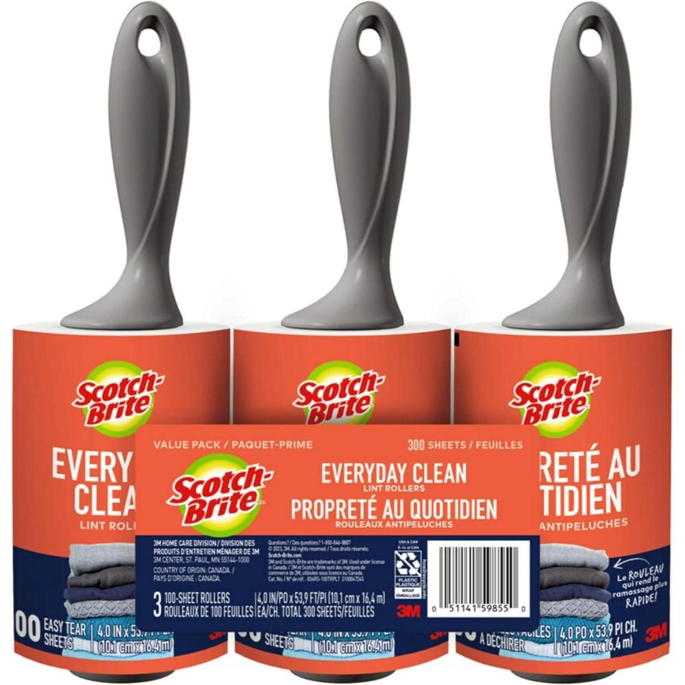 image:imageScotchBrite Everyday Clean Lint Roller 3 Pack Lint Remover for Pet Hair Dark Clothes Furniture and Dusty Surfaces Picks Up Fur amp Fluff in Your Home Car amp Office 300 Adhesive Sheets Total300 Sheets