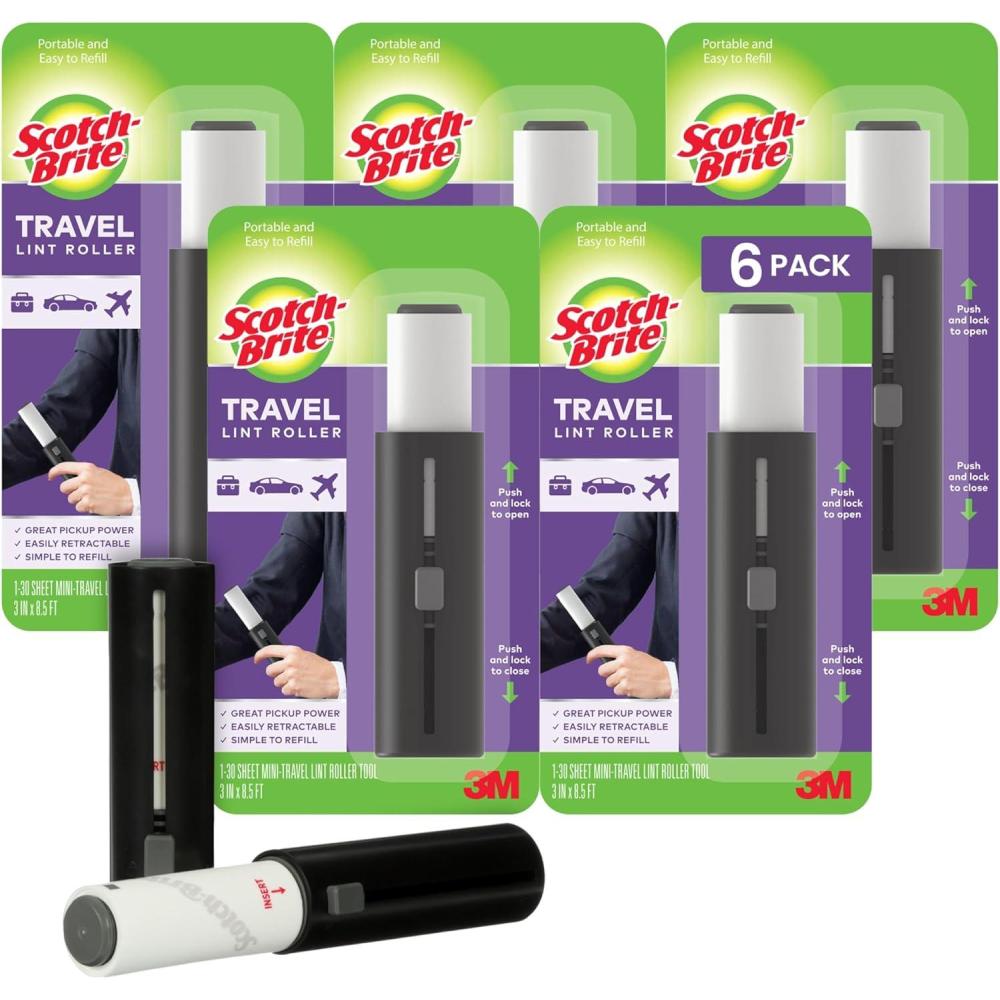 image:imageScotchBrite Mini Travel Lint Roller Portable Retractable Lint Roller for Pet Hair for Your Purse Luggage or Car Pick Up Crumbs Hair and Debris on the Go 3 in x 85 in 6 Pack