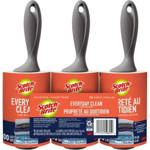 Scotch-Brite Everyday Clean Lint Roller, 3 Pack, Lint Remover for Pet Hair, Dark Clothes, Furniture, and Dusty Surfaces, Picks Up Fur & Fluff in Your Home, Car & Office, 300 Adhesive Sheets Total(300 Sheets)
