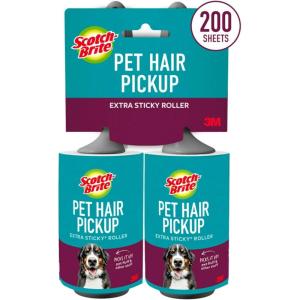 Scotch-Brite Pet Hair Pickup Extra Sticky Lint Roller, Designed for Removing Fur + Fluff on Couches, Clothes, Dog and Cat Beds, & More, 2 Pack, 200 Easy-Tear Adhesive Sheets Total(2 Rollers  200 Sheets)