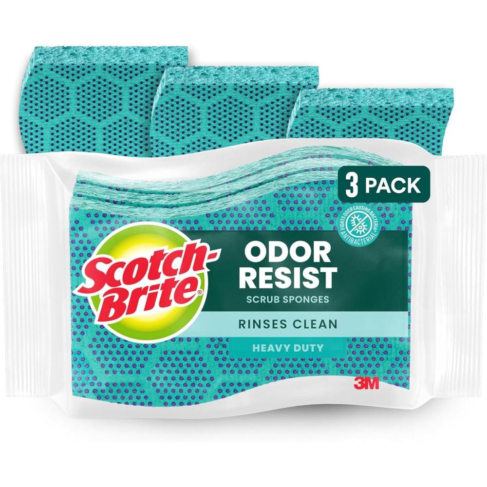 image:imageScotchBrite Odor Resist Heavy Duty Scrub Sponge DishwasherSafe Kitchen sponges for Serious Scrubbing Multipurpose Dish Sponge for StuckOn Messes 3 Scrubbing Sponges3 Scrub Sponges Single Pack