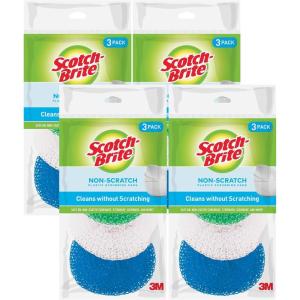 Scotch-Brite Non-Scratch Plastic Scrubbing Pads, Cleans Dishes Without Scratching, 3 Scrubbing Pads(12 Pads)
