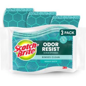 Scotch-Brite Odor Resist Heavy Duty Scrub Sponge, Dishwasher-Safe Kitchen sponges for Serious Scrubbing, Multipurpose Dish Sponge for Stuck-On Messes, 3 Scrubbing Sponges(3 Scrub Sponges (Single Pack))
