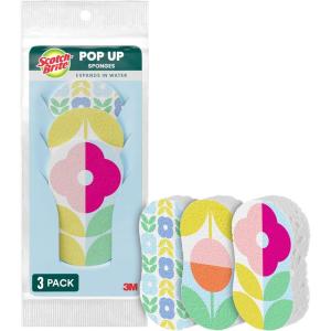 Scotch-Brite Brite Blooms Pop Up Kitchen Sponges, Unique Compressed Kitchen Sponge for Cleaning Gently, Spring Flower Pattern Dish Sponge That Expands with Water, 3 Scrubbing Sponges