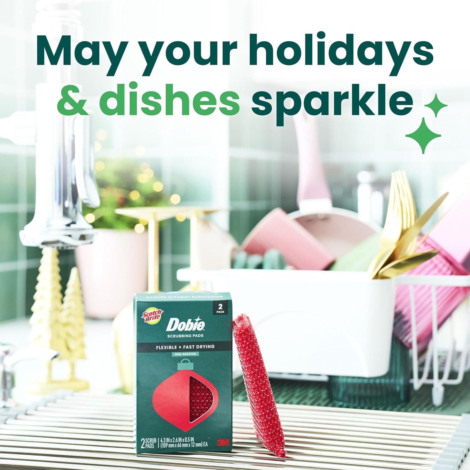 image:imageScotchBrite Dobie Pads Dobie Sponge for All Purpose Cleaning of Kitchen Bathroom and Household Non Scratch Dobie Cleaning Pads Safe for NonStick Cookware 2 Holiday Red Dobie Pads
