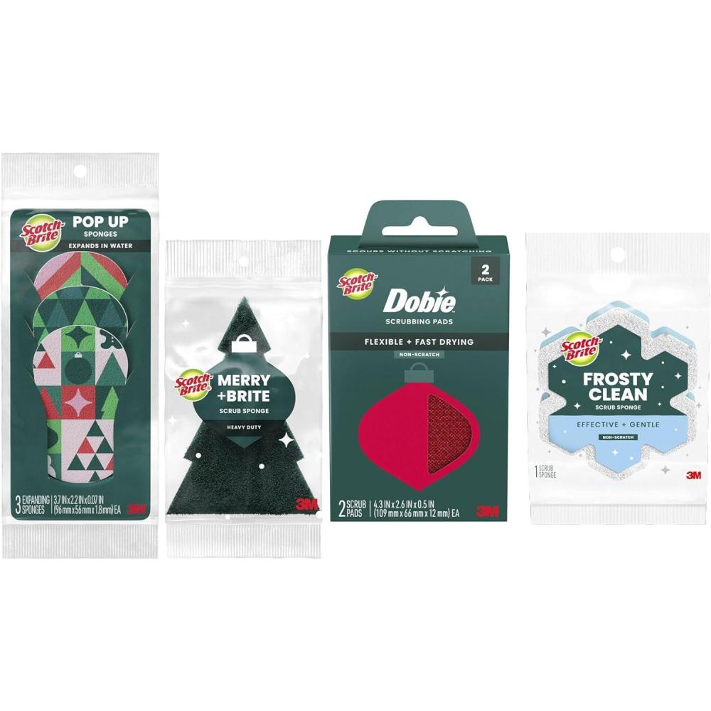 image:imageScotchBrite Merry Brite Holiday Collection 3 PopUp Sponges 1 Heavy Duty Christmas Tree Sponge 2 Scrubbing Pads 1 Snowflake Sponge