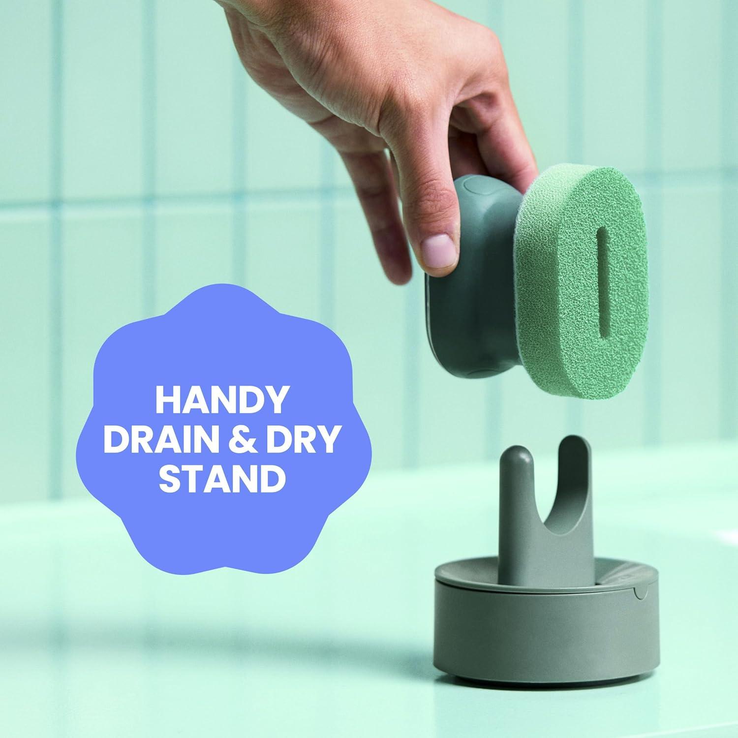 image:imageBrite by ScotchBrite Palm Scrubber with Drain Dry Stand Household and Kitchen Sponge for Washing Dishes with Comfy Grip 1 Scrub Sponge with Soap Dispenser