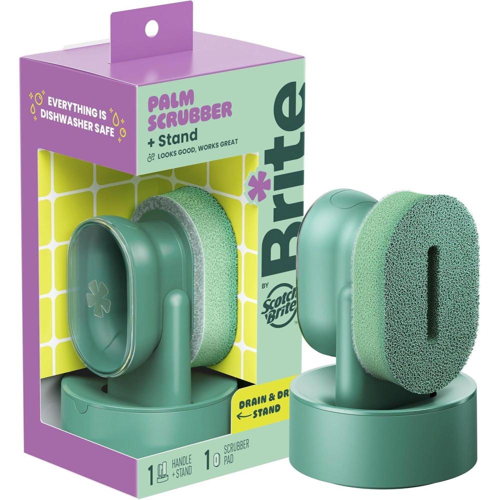 image:imageBrite by ScotchBrite Palm Scrubber with Drain Dry Stand Household and Kitchen Sponge for Washing Dishes with Comfy Grip 1 Scrub Sponge with Soap Dispenser