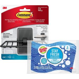 Scotch-Brite Scrub Dots Non-Scratch Scrub Sponge, Rinses Clean, for Washing Dishes and Cleaning Kitchen, 3 Scrub Sponges (Pack of 2)(3 Sponges + Command Storage Bundle)