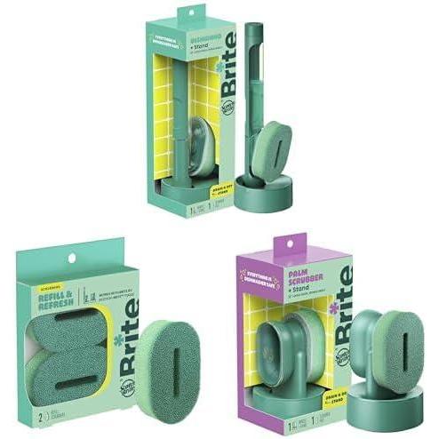 image:imageBrite by ScotchBrite Cleaning Kit Includes Fillable Dishwand with Drain  Dry StandPalm Scrubber with Drain  Dry Stand amp Refill Sponges